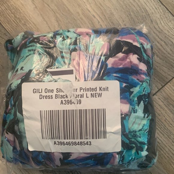 NWT G.I.L.I. ONE SHOULDER PRINTED KNIT DRESS BLACK FLORAL LARGE - Picture 11 of 13